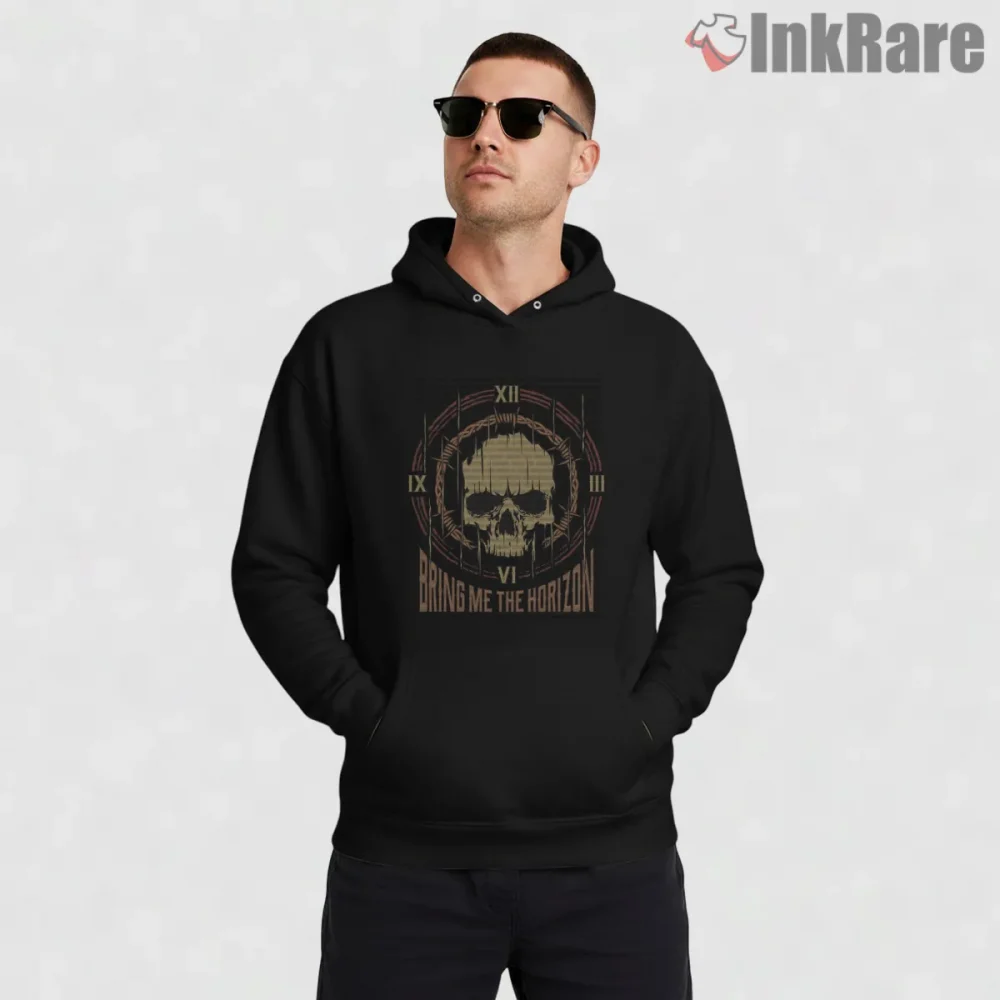 Bring Me The Horizon Gothic Clock Skull Shirt on black hoodie for men graphic tee