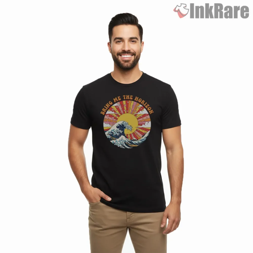 Bring Me The Horizon Great Wave Sunset Shirt on black short sleeve shirt for men graphic tee