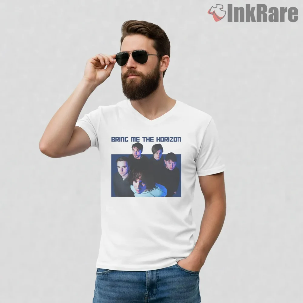 Bring Me The Horizon Neon Band Portrait Shirt on white v-neck shirt for men graphic tee