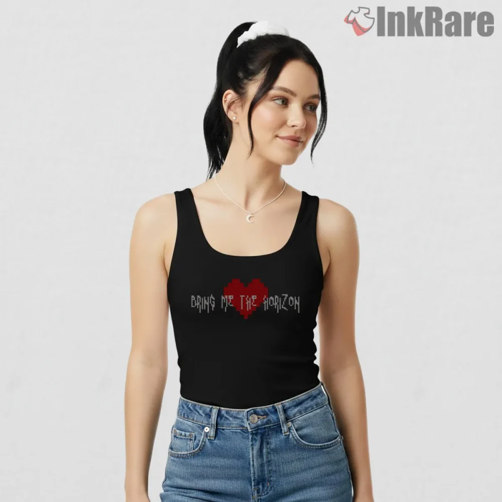 Bring Me The Horizon Pixel Heart Shirt on black tank top for women graphic tee
