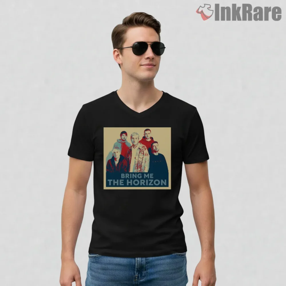 Bring Me The Horizon Retro Band Portrait Shirt on black v-neck shirt for men graphic tee