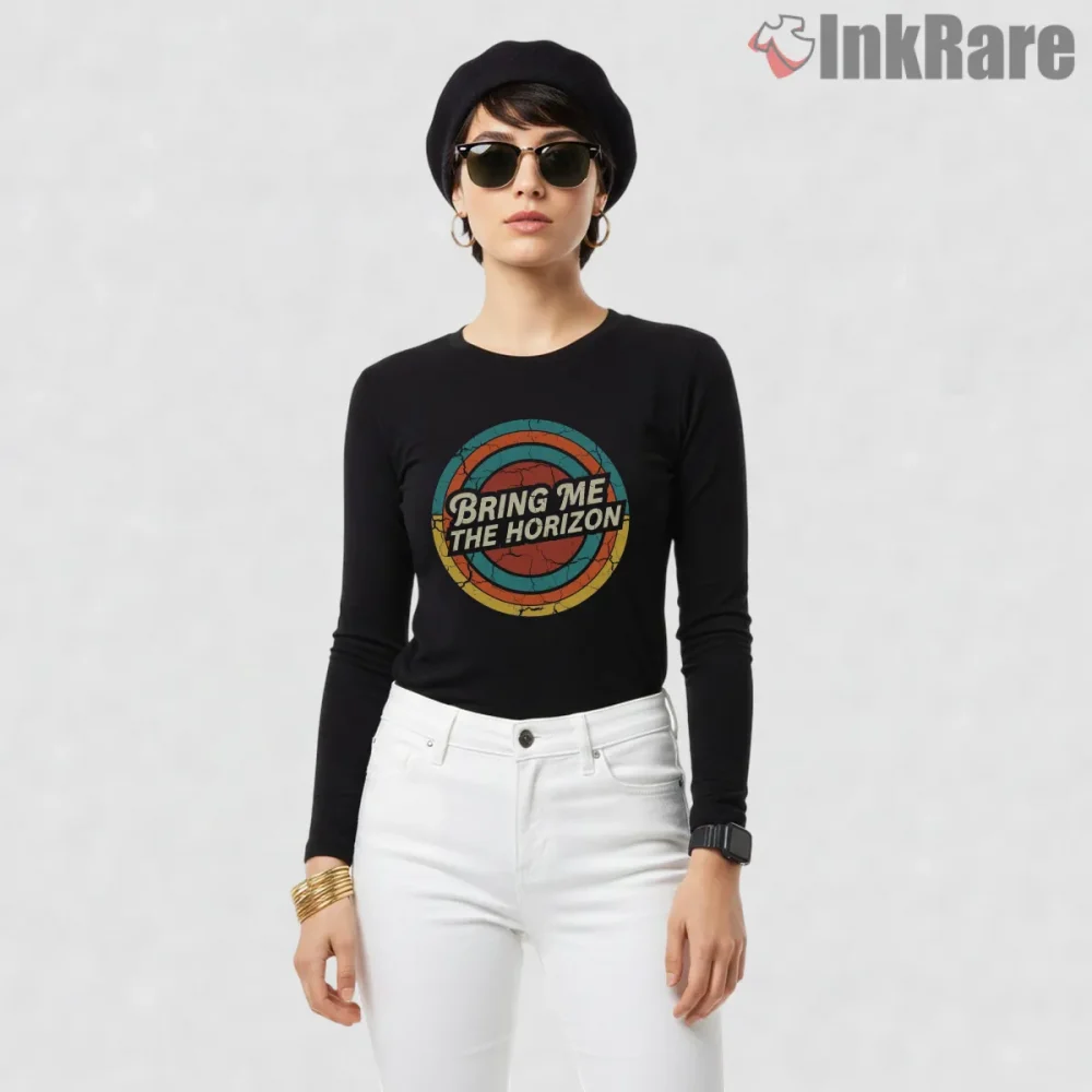 Bring Me The Horizon Retro Circle Logo Shirt on black long sleeve shirt for women graphic tee