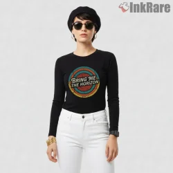 Bring Me The Horizon Retro Circle Logo Shirt on black long sleeve shirt for women graphic tee