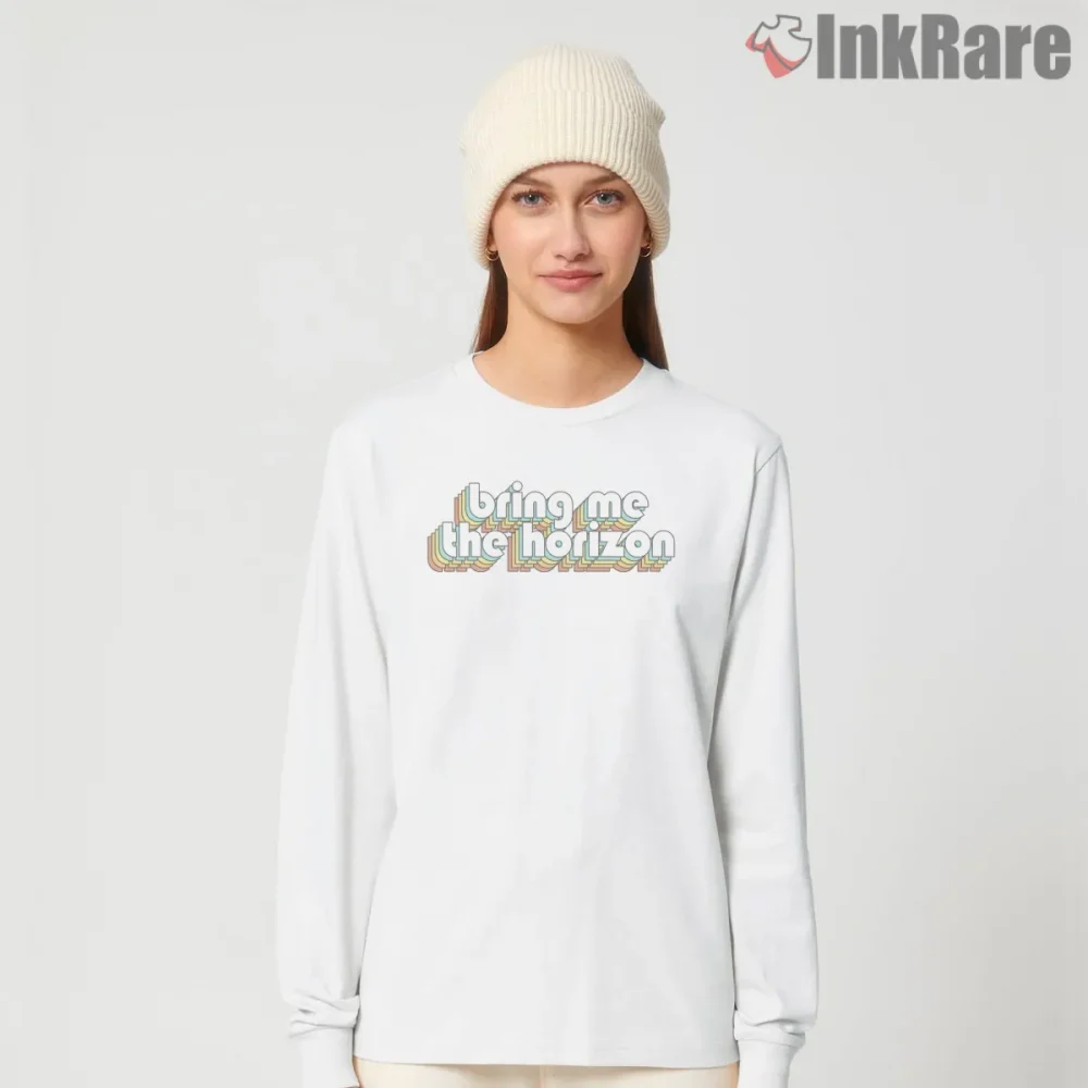 Bring Me The Horizon Seventies Bubble Logo Shirt on white long sleeve shirt for women graphic tee