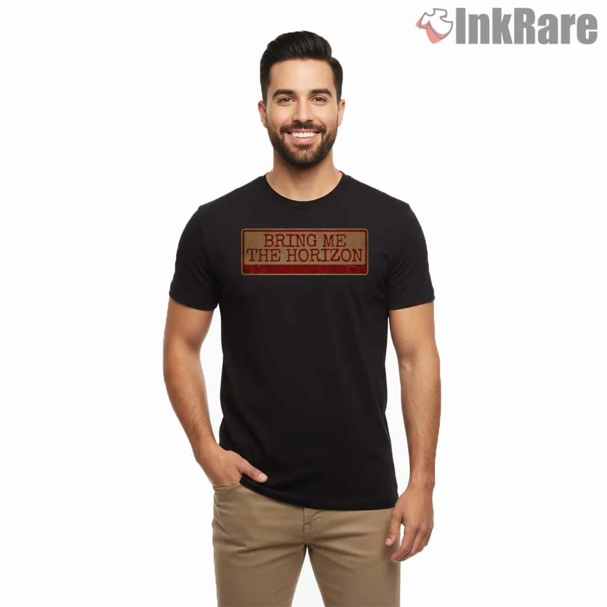 Bring Me The Horizon Vintage Typewriter Logo Shirt on black short sleeve shirt for men graphic tee
