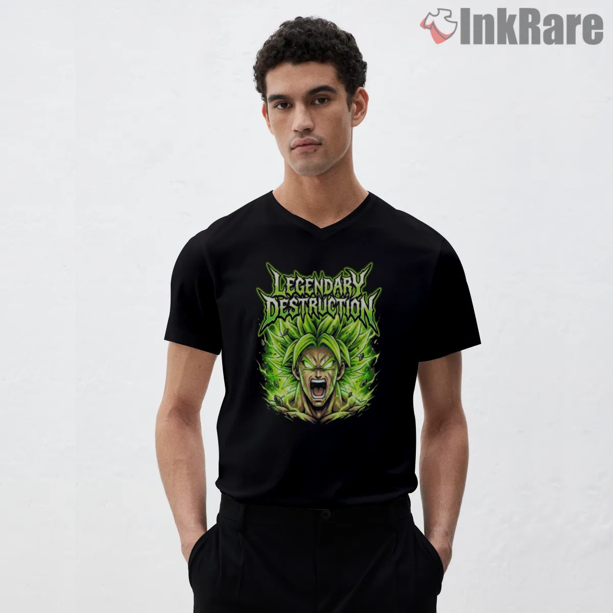 Broly Legendary Destruction Rage V Neck Black Broly Legendary Destruction Rage Shirt on black v-neck shirt for men graphic tee