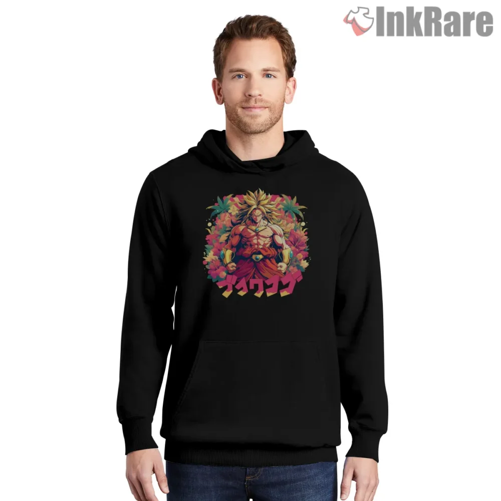 Broly Legendary Saiyan Kanji Burst Shirt on black hoodie for men graphic tee