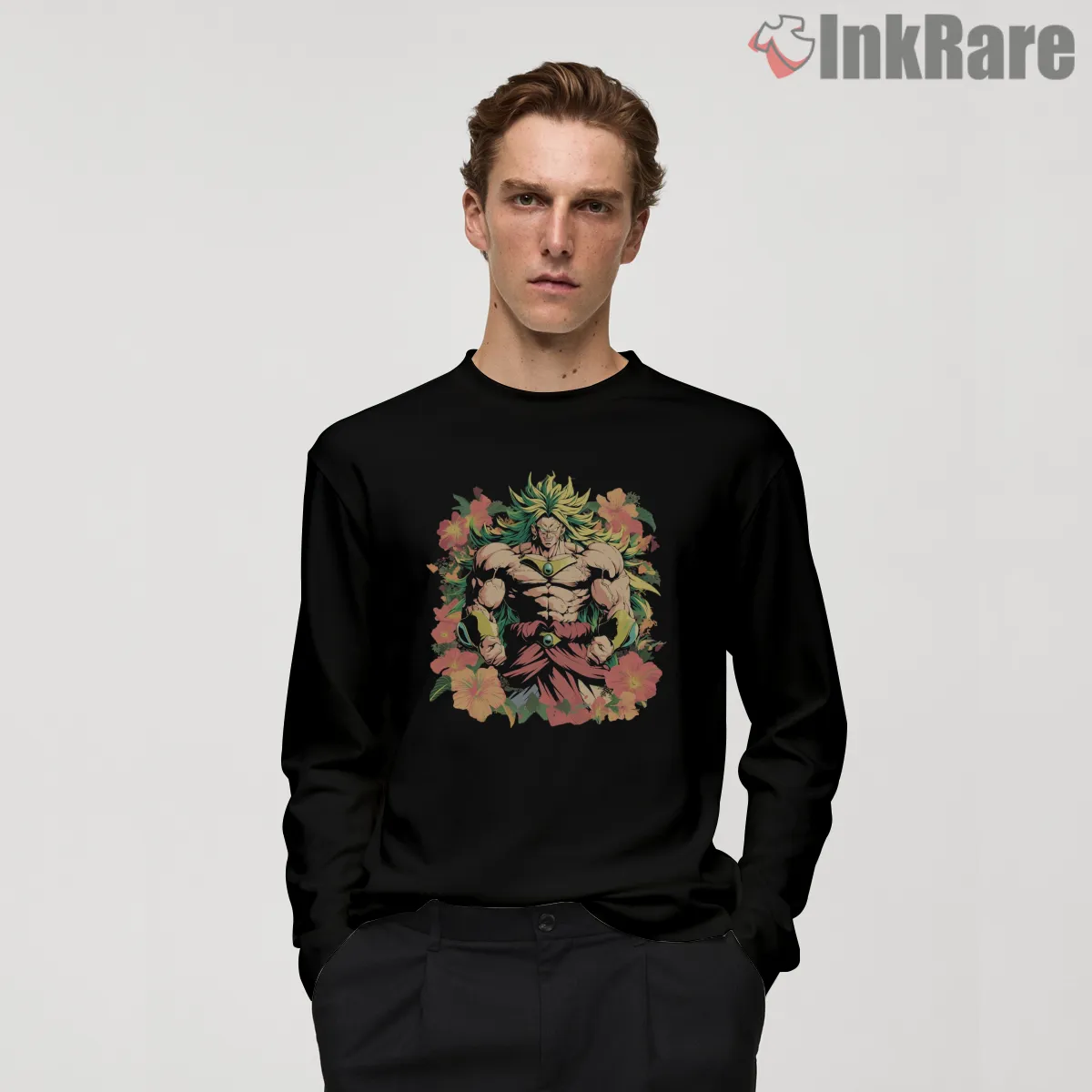 Broly Legendary Saiyan Tropical Flowers Shirt on black long sleeve shirt for men graphic tee
