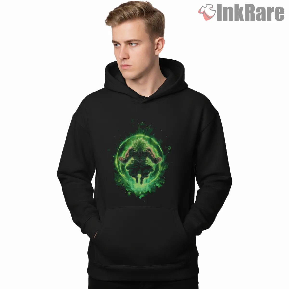 Broly Legendary Super Saiyan Green Aura Shirt on black hoodie for men graphic tee