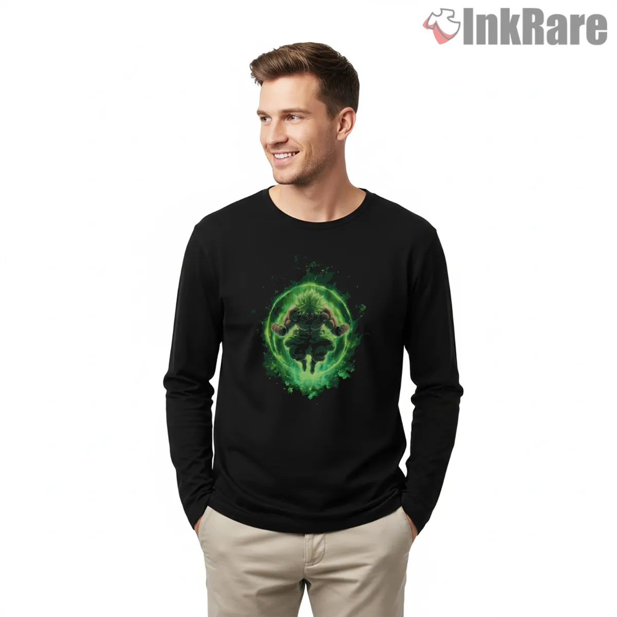 Broly Legendary Super Saiyan Green Aura Long Sleeve Black Broly Legendary Super Saiyan Green Aura Shirt on black long sleeve shirt for men graphic tee