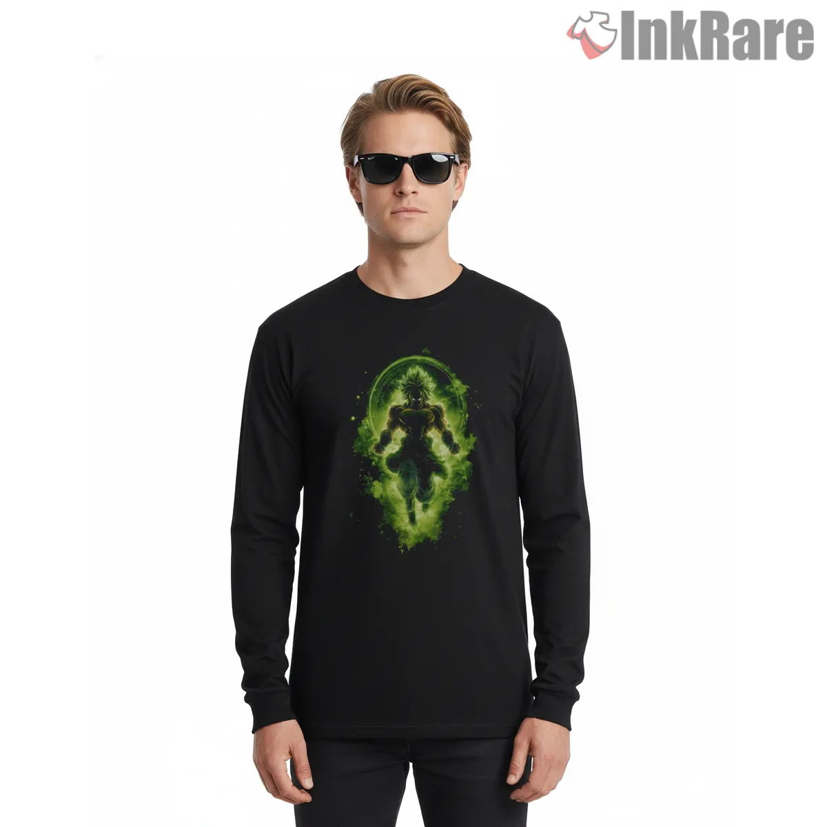 Broly Legendary Super Saiyan Green Energy Long Sleeve Black Broly Legendary Super Saiyan Green Energy Shirt on black long sleeve shirt for men graphic tee