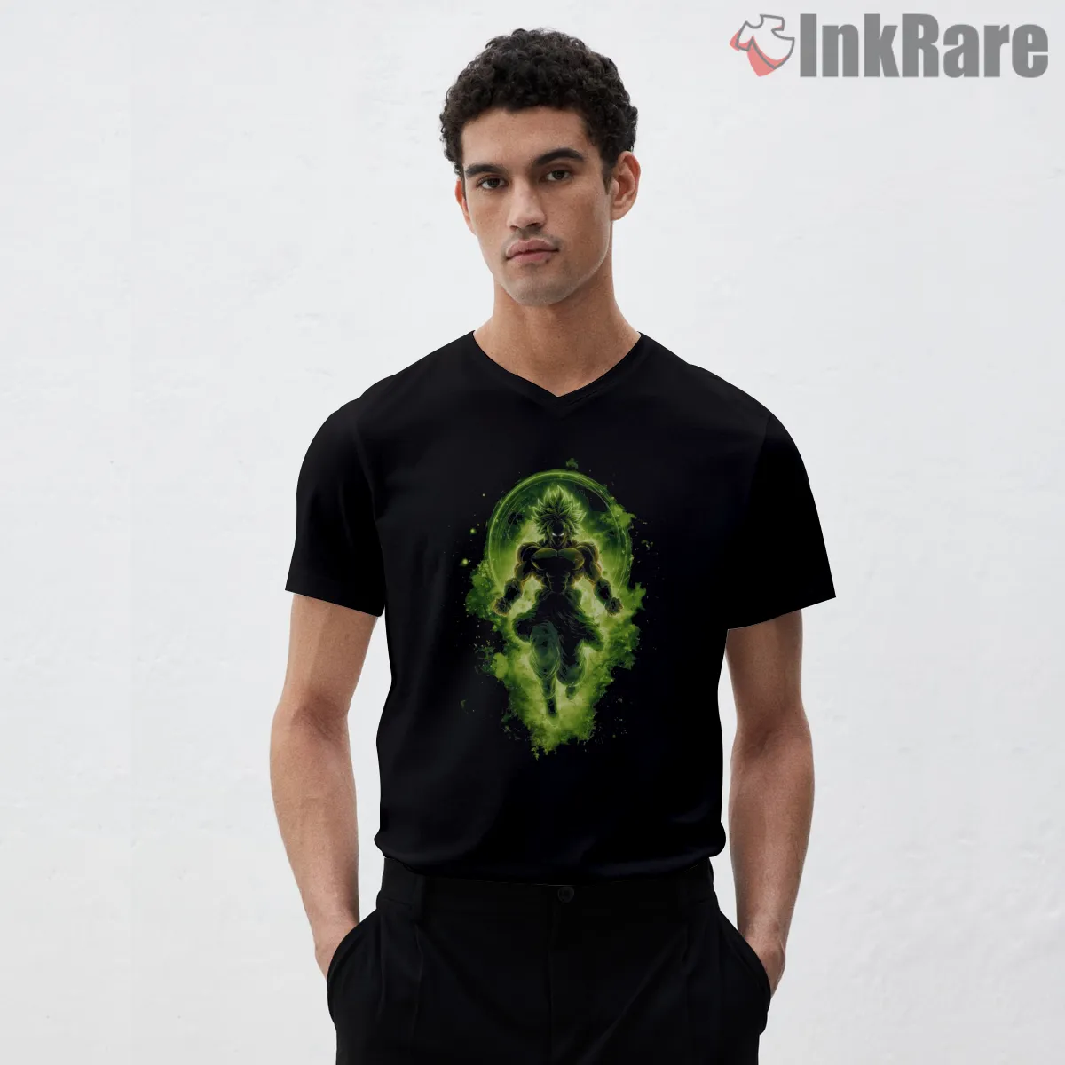 Broly Legendary Super Saiyan Green Energy V Neck Black Broly Legendary Super Saiyan Green Energy Shirt on black v-neck shirt for men graphic tee