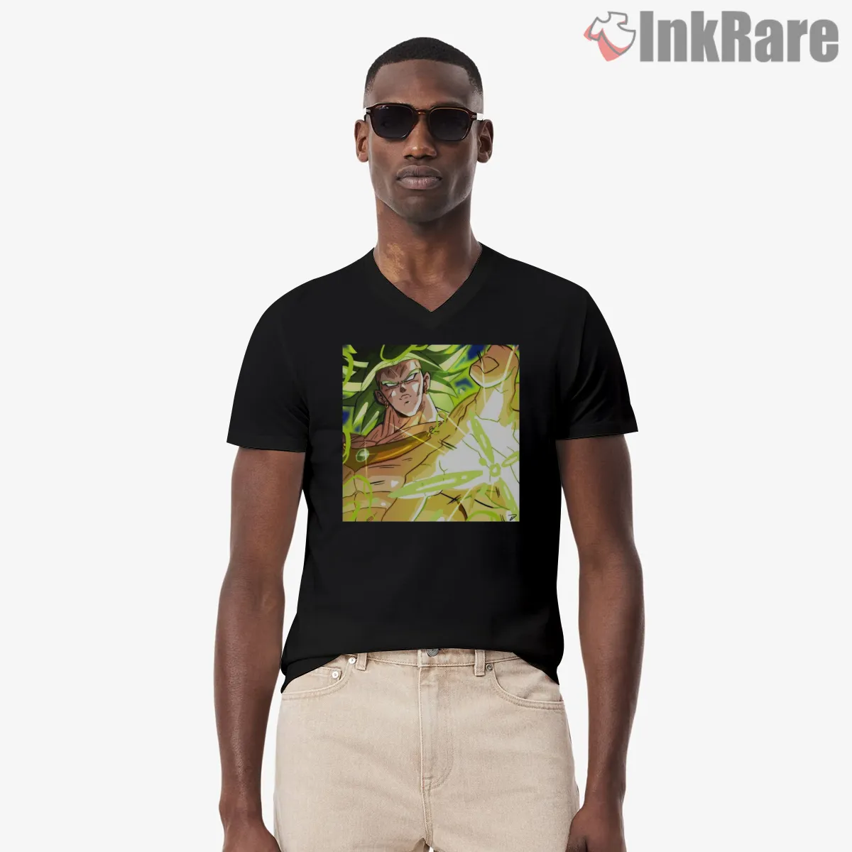 Broly Legendary Super Saiyan Power Surge V Neck Black Broly Legendary Super Saiyan Power Surge Shirt on black v-neck shirt for men graphic tee