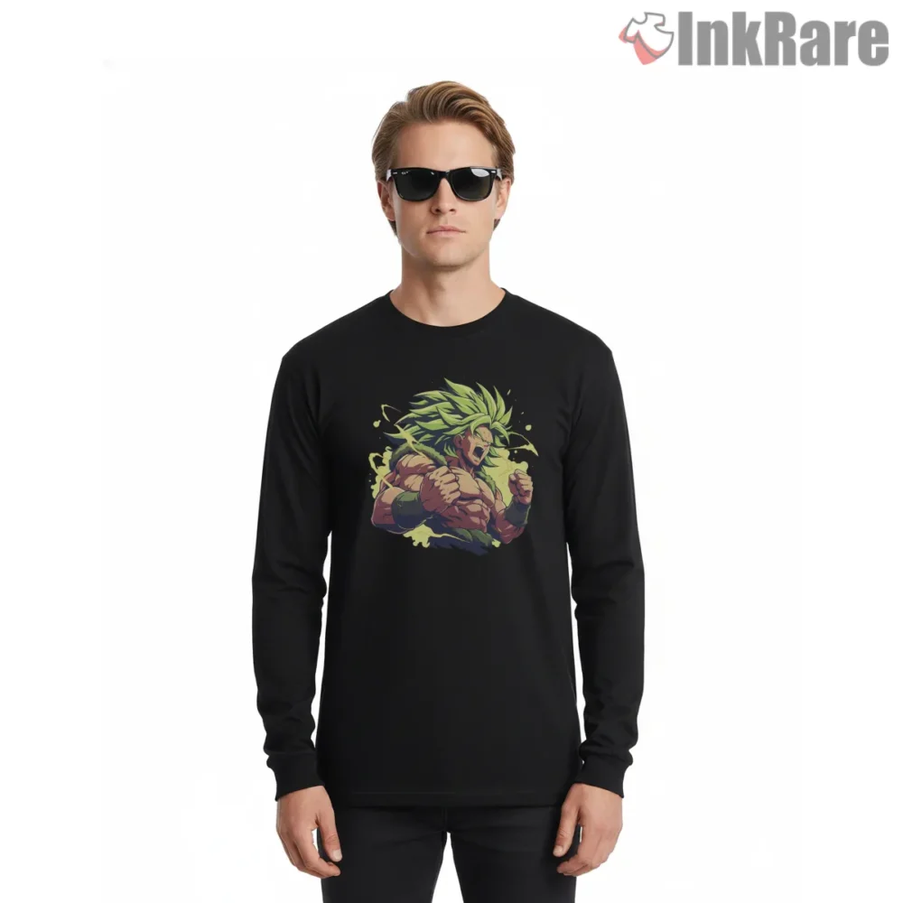 Broly Rage Mode Fiery Kanji Shirt on black long sleeve shirt for men graphic tee