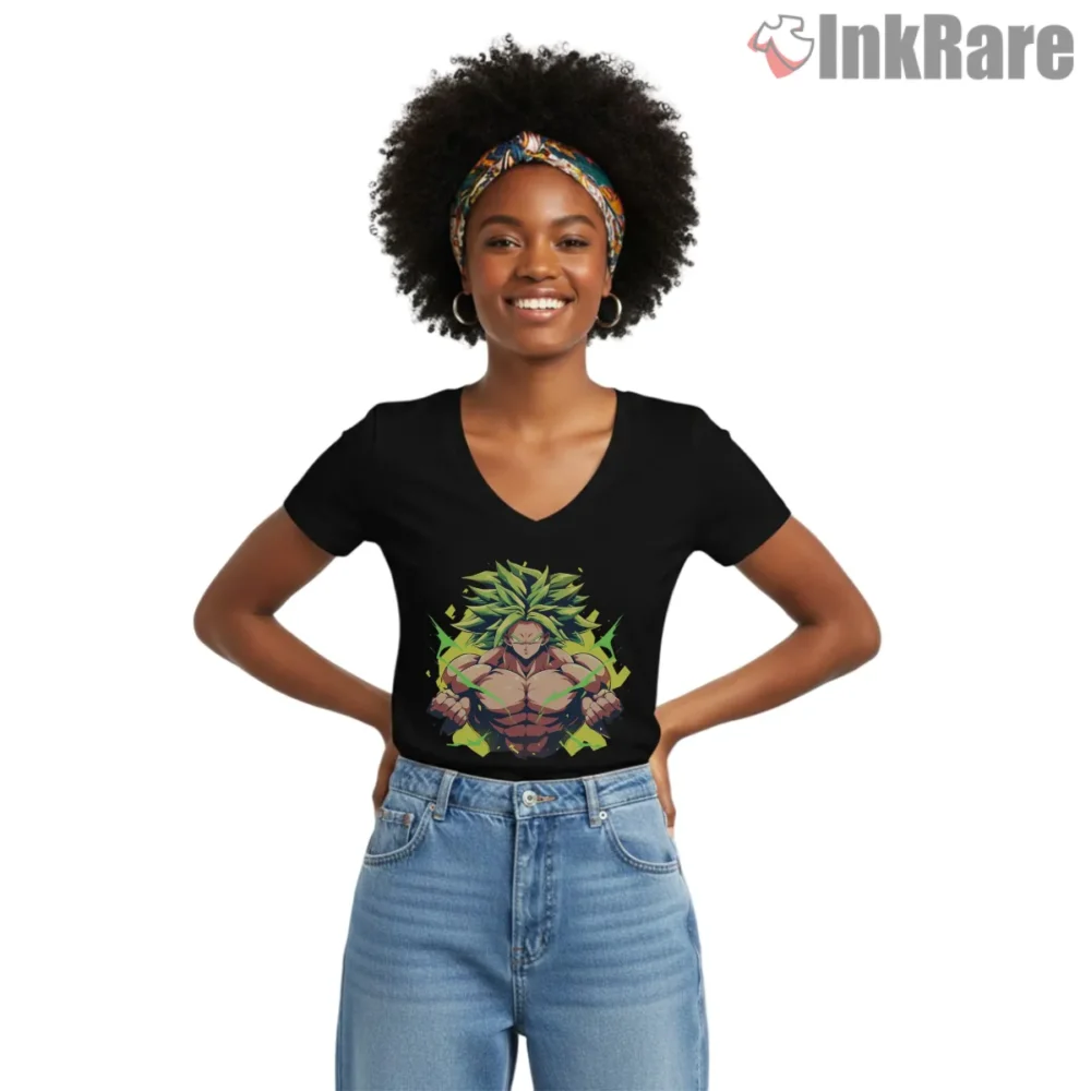 Broly Rampaging Legendary Power Shirt on black v-neck shirt for women graphic tee
