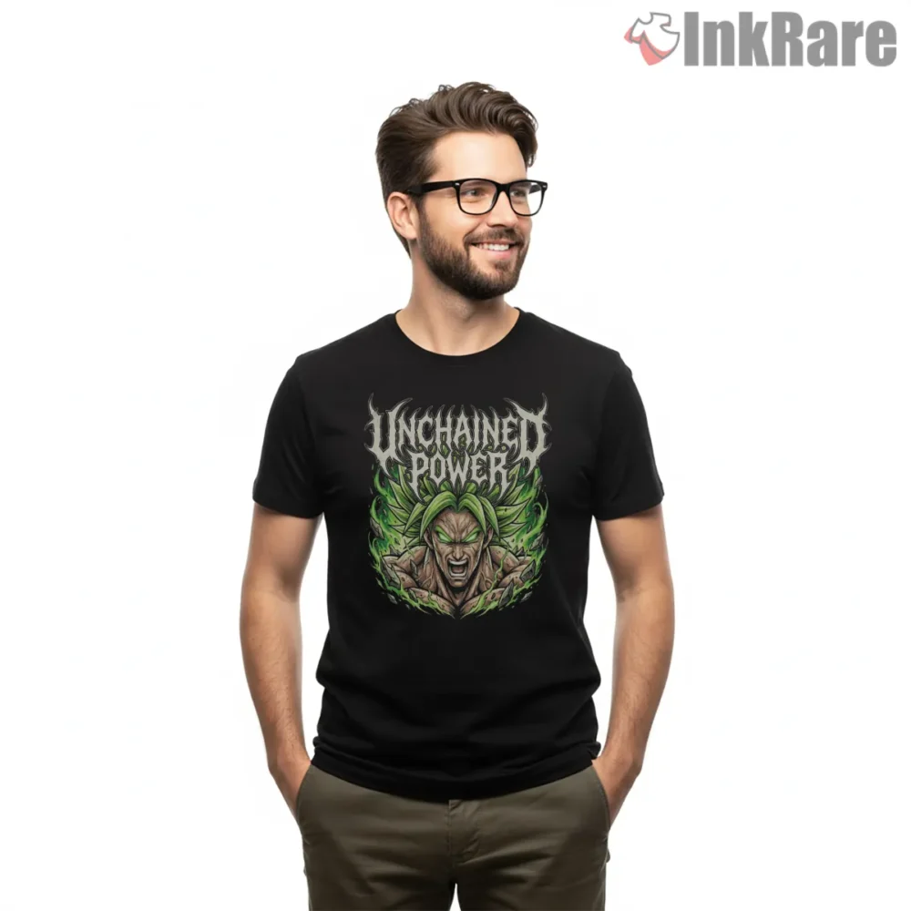 Broly Unchained Power Metal Lettering Shirt on black short sleeve shirt for men graphic tee