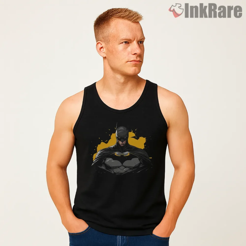 Brooding Knight Yellow Spotlight Batman Shirt on black tank top for men graphic tee