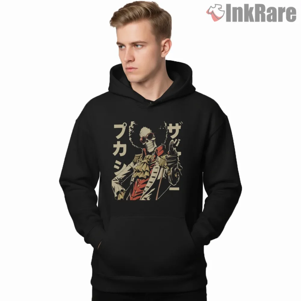 Brook Soul King Cool Skeleton Anime Shirt on black hoodie for men graphic tee