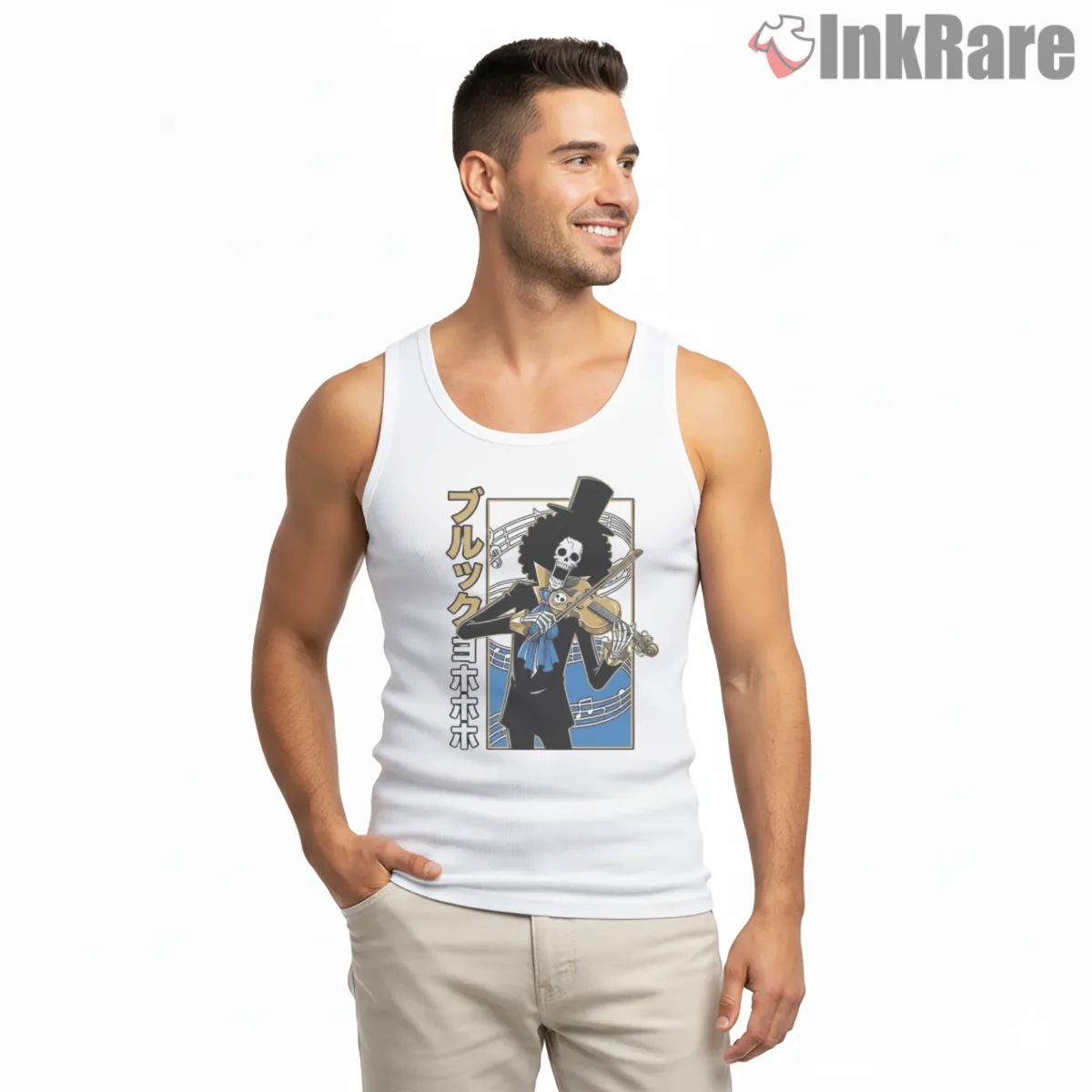 Brook Soul King Violin Music Anime Tank Top White Brook Soul King Violin Music Anime Shirt on white tank top for men graphic tee