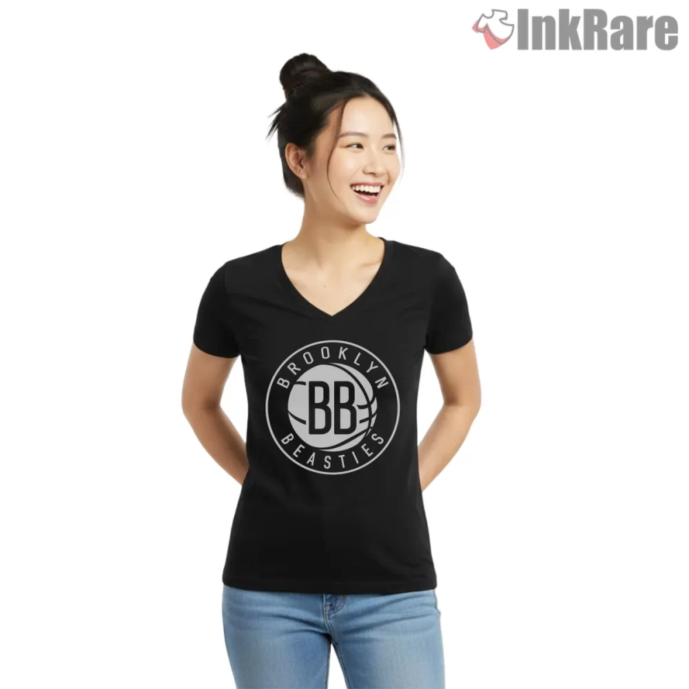 Brooklyn Beasties Hoops Logo Shirt on black v-neck shirt for women graphic tee
