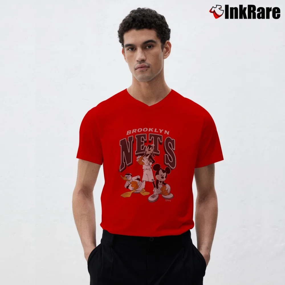 Men’s Brooklyn Nets Mickey Mouse Basketball Squad V-Neck Tee in red | Sharp, Breathable, Everyday Staple