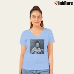 Women’s Bruce Lee Art V-Neck Tee in light blue | Chic Neckline, Soft Texture