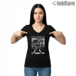 Bruce Springsteen American Flag Black And White Performance Shirt on black v-neck shirt for women graphic tee