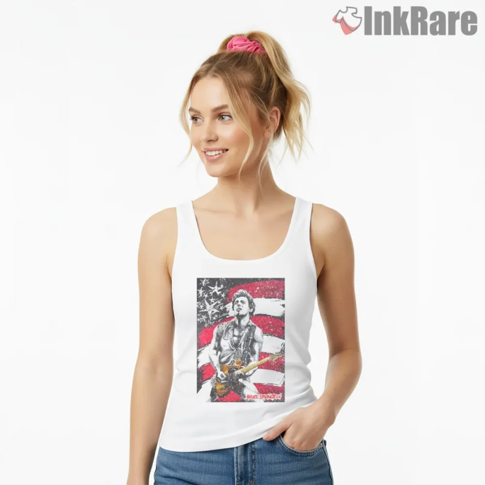 Bruce Springsteen American Flag Guitar Performance Shirt on white tank top for women graphic tee
