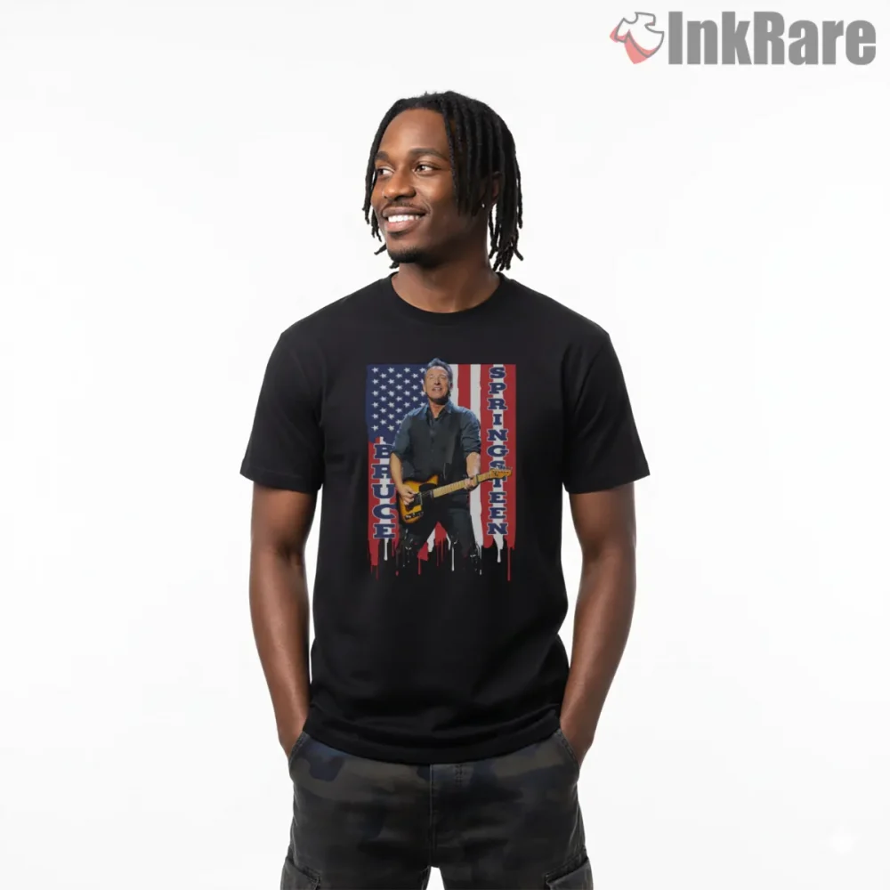 Bruce Springsteen American Flag Live Performance Portrait Shirt on black short sleeve shirt for men graphic tee