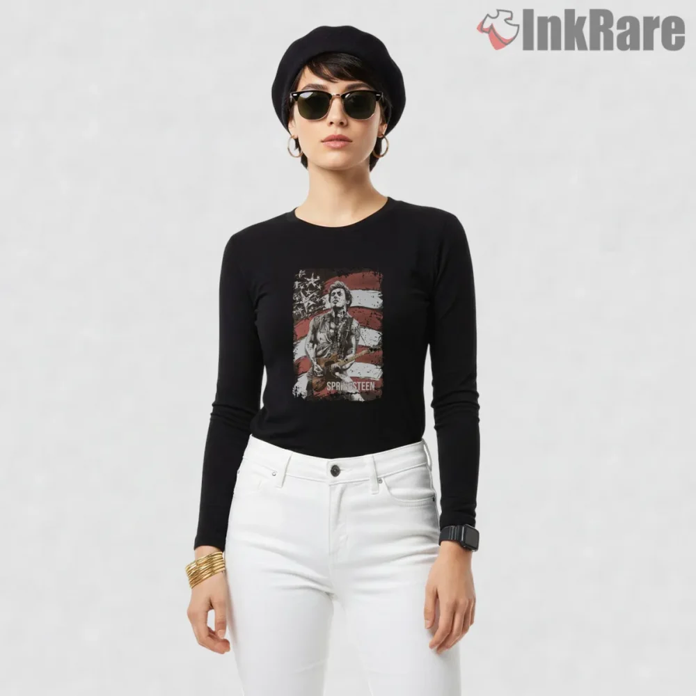Bruce Springsteen American Flag Performance Grunge Shirt on black long sleeve shirt for women graphic tee