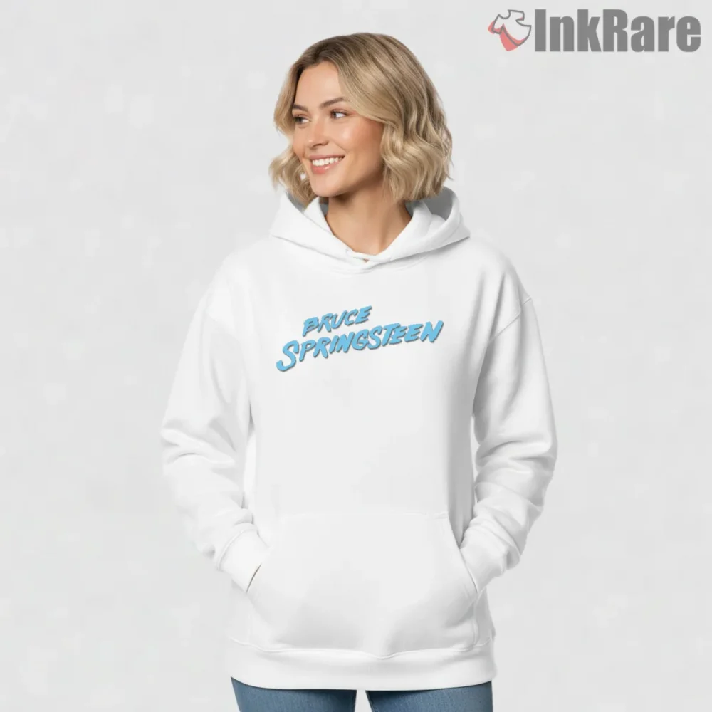Bruce Springsteen Blue Script Retro Logo Shirt on white hoodie for women graphic tee