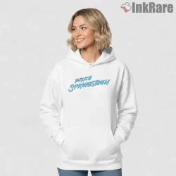 Bruce Springsteen Blue Script Retro Logo Shirt on white hoodie for women graphic tee
