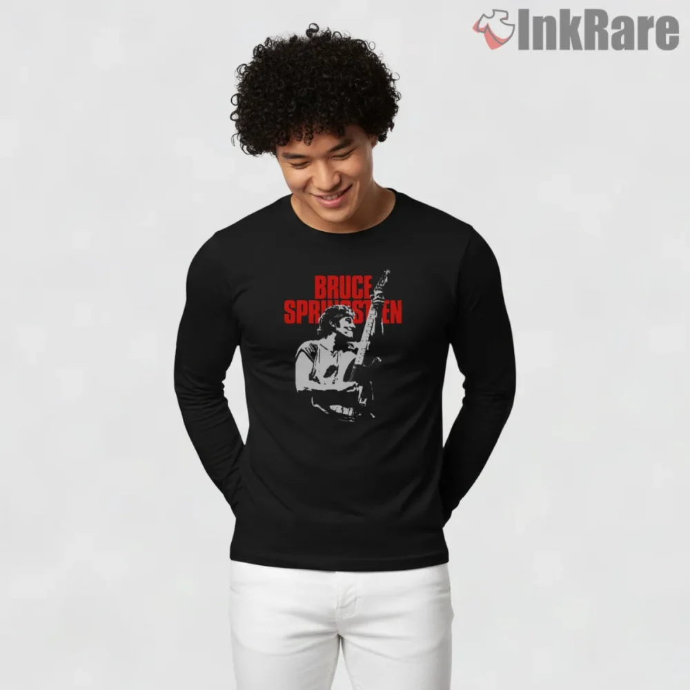 Bruce Springsteen Bold Red Typography Guitar Portrait Shirt on black long sleeve shirt for men graphic tee