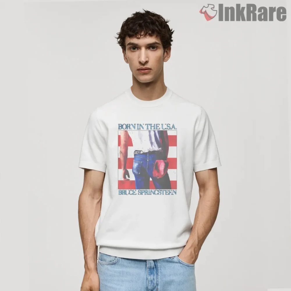 Bruce Springsteen Born In The Usa Classic Denim Flag Shirt on white short sleeve shirt for men graphic tee