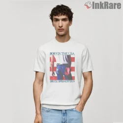 Bruce Springsteen Born In The Usa Classic Denim Flag Shirt on white short sleeve shirt for men graphic tee