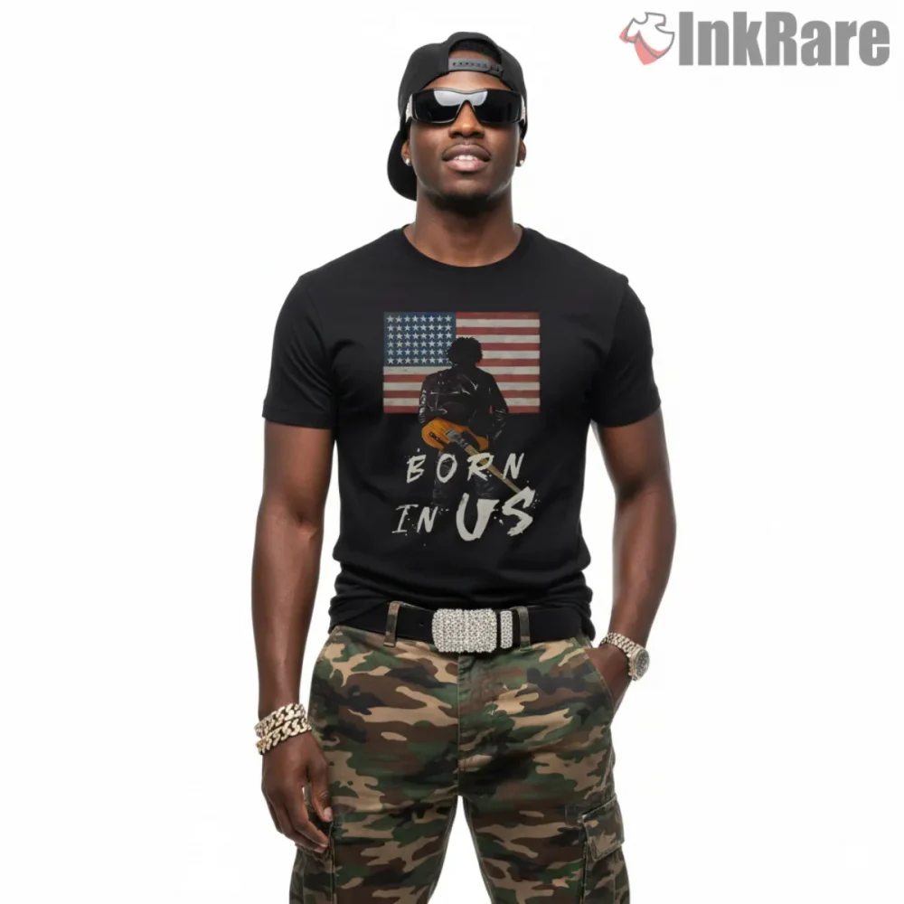 Bruce Springsteen Born In The Usa Flag Silhouette Rock Shirt on black short sleeve shirt for men graphic tee