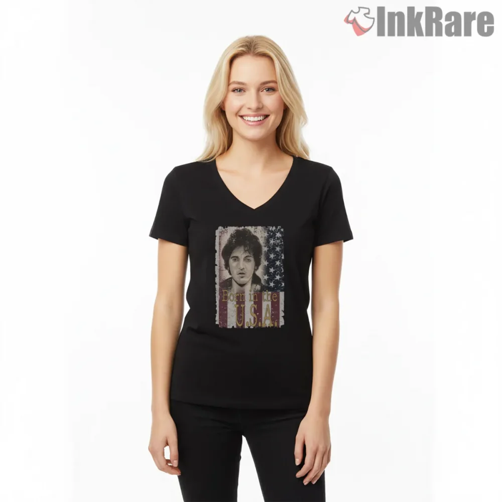 Bruce Springsteen Born In The Usa Grunge Portrait Shirt on black v-neck shirt for women graphic tee