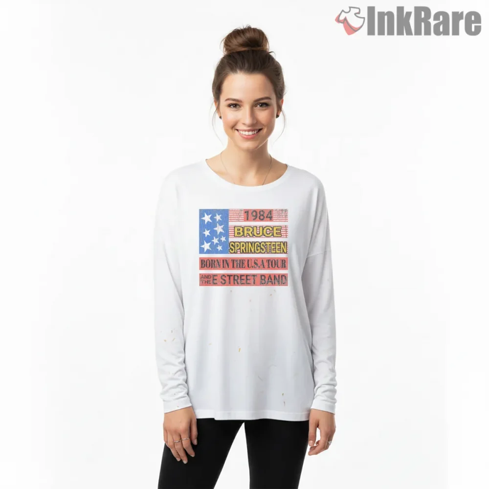 Bruce Springsteen Born In The Usa Tour Vintage Flag Shirt on white long sleeve shirt for women graphic tee