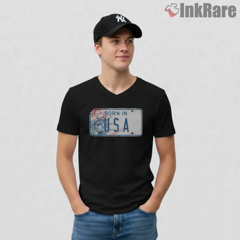 Bruce Springsteen Born In The Usa Vintage License Plate Shirt on black v-neck shirt for men graphic tee