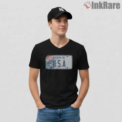 Bruce Springsteen Born In The Usa Vintage License Plate Shirt on black v-neck shirt for men graphic tee