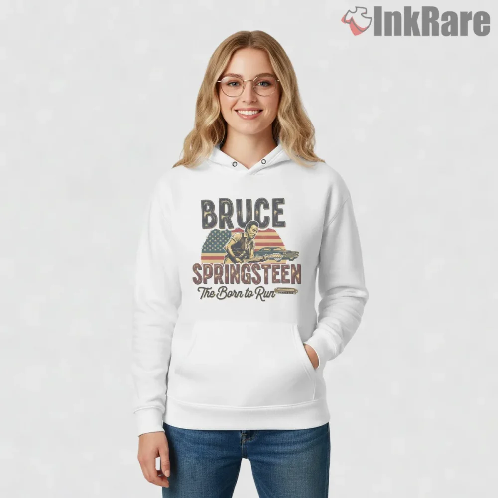 Bruce Springsteen Born To Run American Flag Performance Shirt on white hoodie for women graphic tee