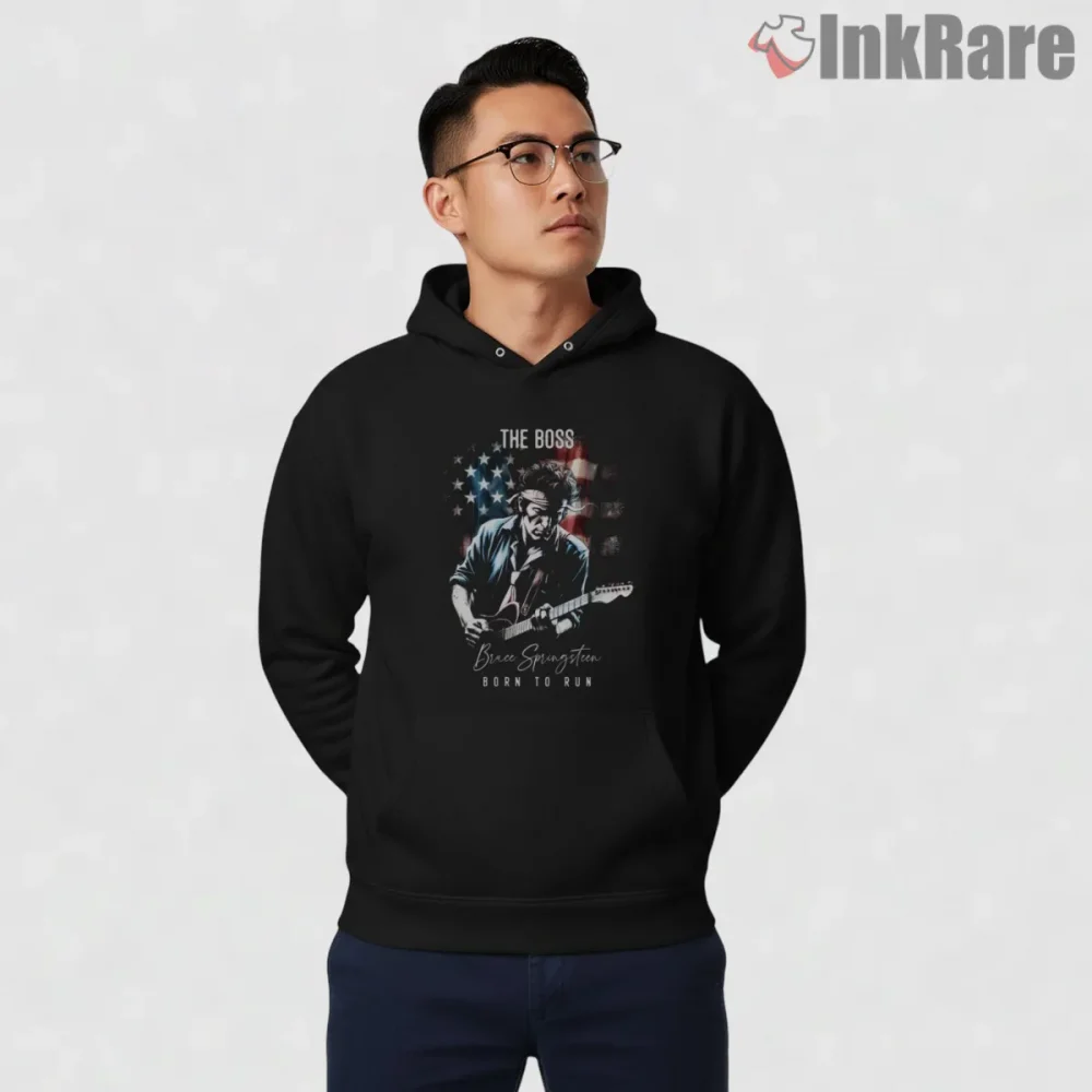 Bruce Springsteen Born To Run Flag Guitar Portrait Shirt on black hoodie for men graphic tee