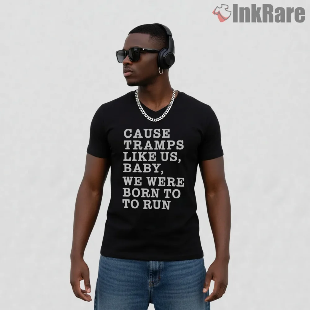 Bruce Springsteen Born To Run Lyric Bold Text Shirt on black v-neck shirt for men graphic tee
