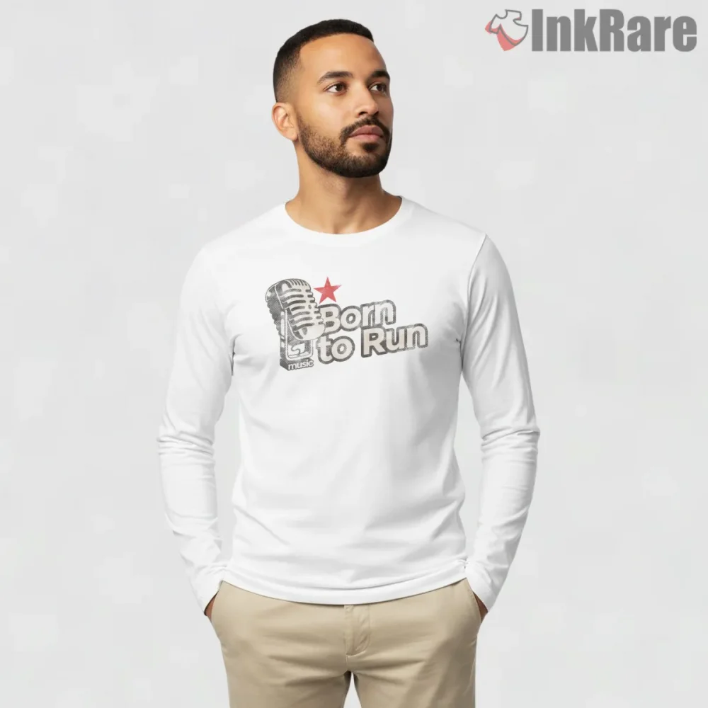 Bruce Springsteen Born To Run Microphone Vintage Script Shirt on white long sleeve shirt for men graphic tee