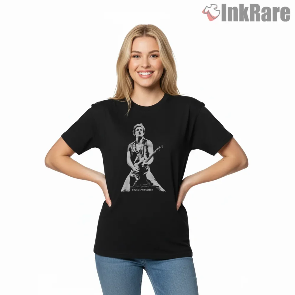Bruce Springsteen Classic Black And White Guitar Performance Shirt on black short sleeve shirt for women graphic tee