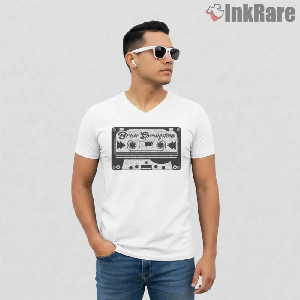 Bruce Springsteen Classic Cassette Tape Vintage Music Shirt on white v-neck shirt for men graphic tee