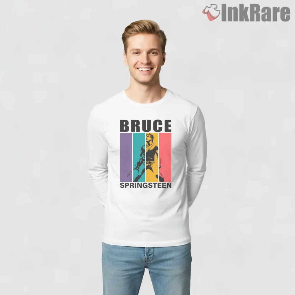 Bruce Springsteen Color Block Retro Performance Shirt on white long sleeve shirt for men graphic tee
