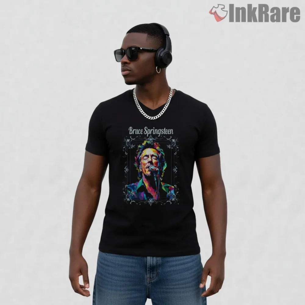 Bruce Springsteen Colorful Expressionist Portrait Art Shirt on black v-neck shirt for men graphic tee