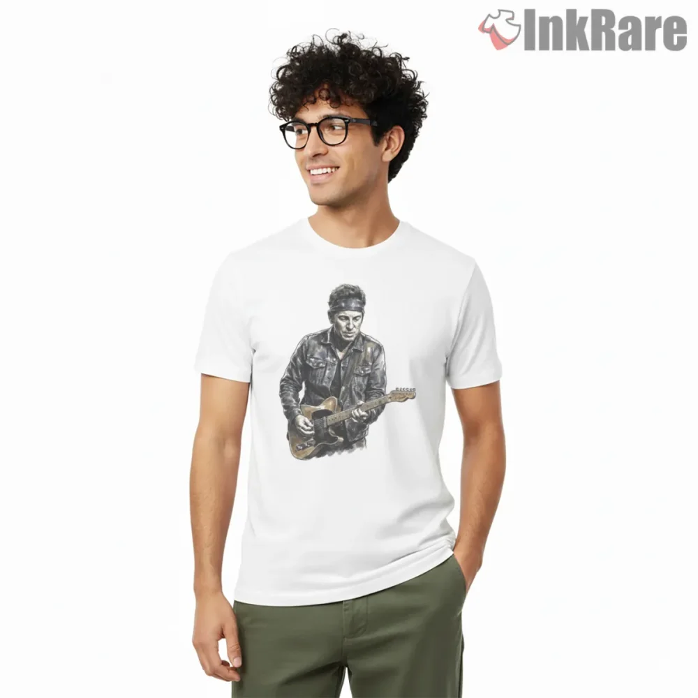 Bruce Springsteen Detailed Watercolor Guitar Portrait Shirt on white short sleeve shirt for men graphic tee