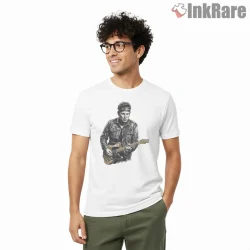 Bruce Springsteen Detailed Watercolor Guitar Portrait Shirt on white short sleeve shirt for men graphic tee